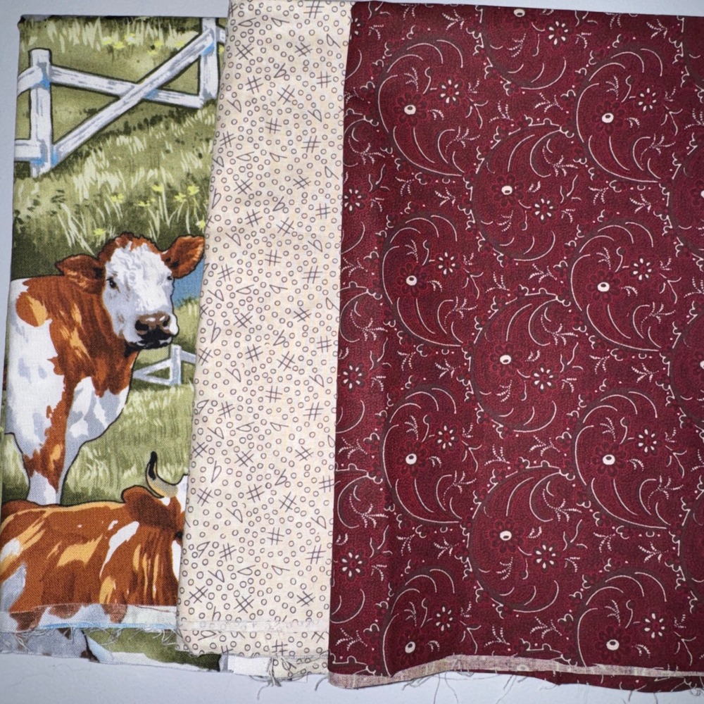 Timeless Treasures Cotton Fabric Bundle Farmhouse Cow Music Burgundy 3pc Multi